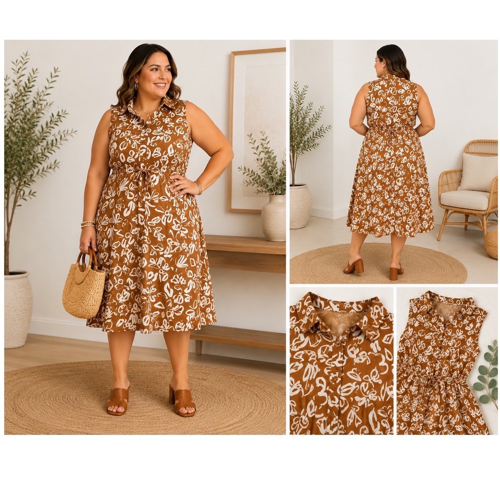 Gilli Brown & White Floral Sleeveless Midi Dress